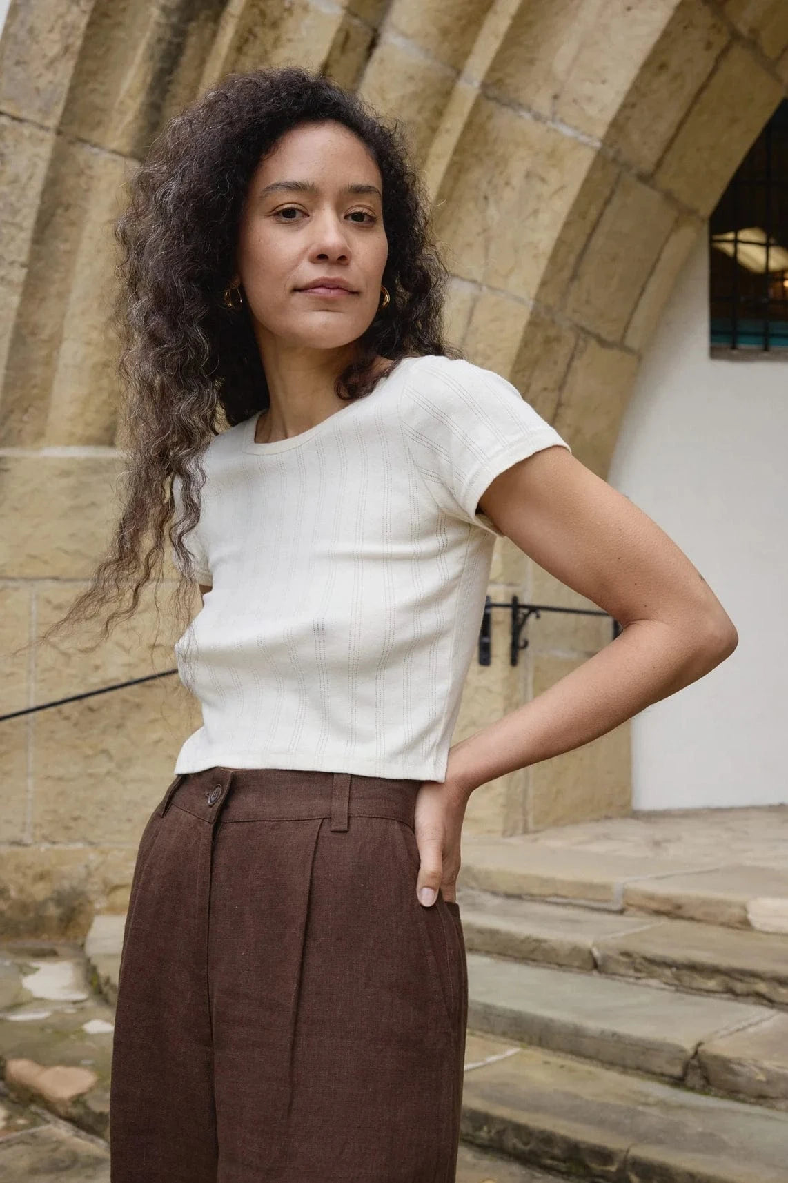Crop Pointelle Tee - Natural