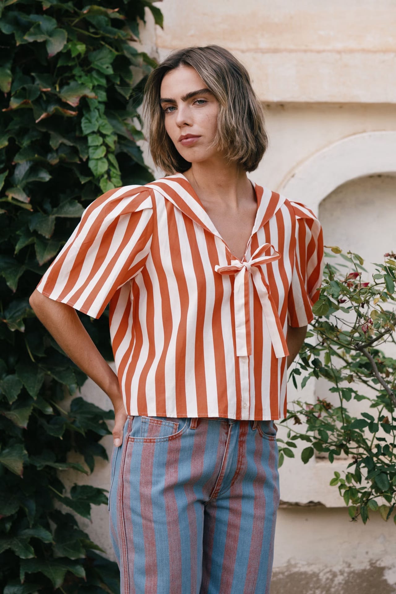 Striped Sailor Neck Blouse - Orange