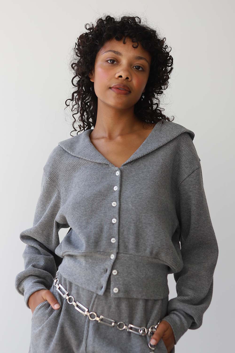 Waffle Sailor Cardigan - Heather Grey