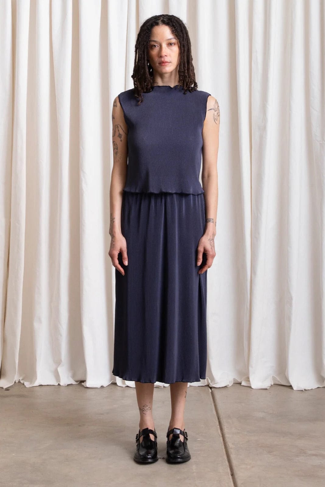 Pleated Midi Skirt - Navy