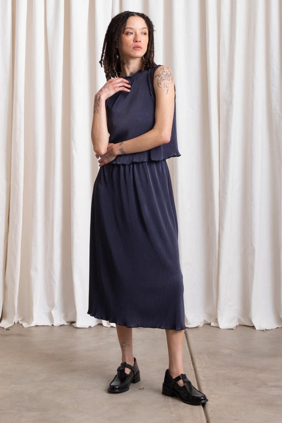 Pleated Midi Skirt - Navy