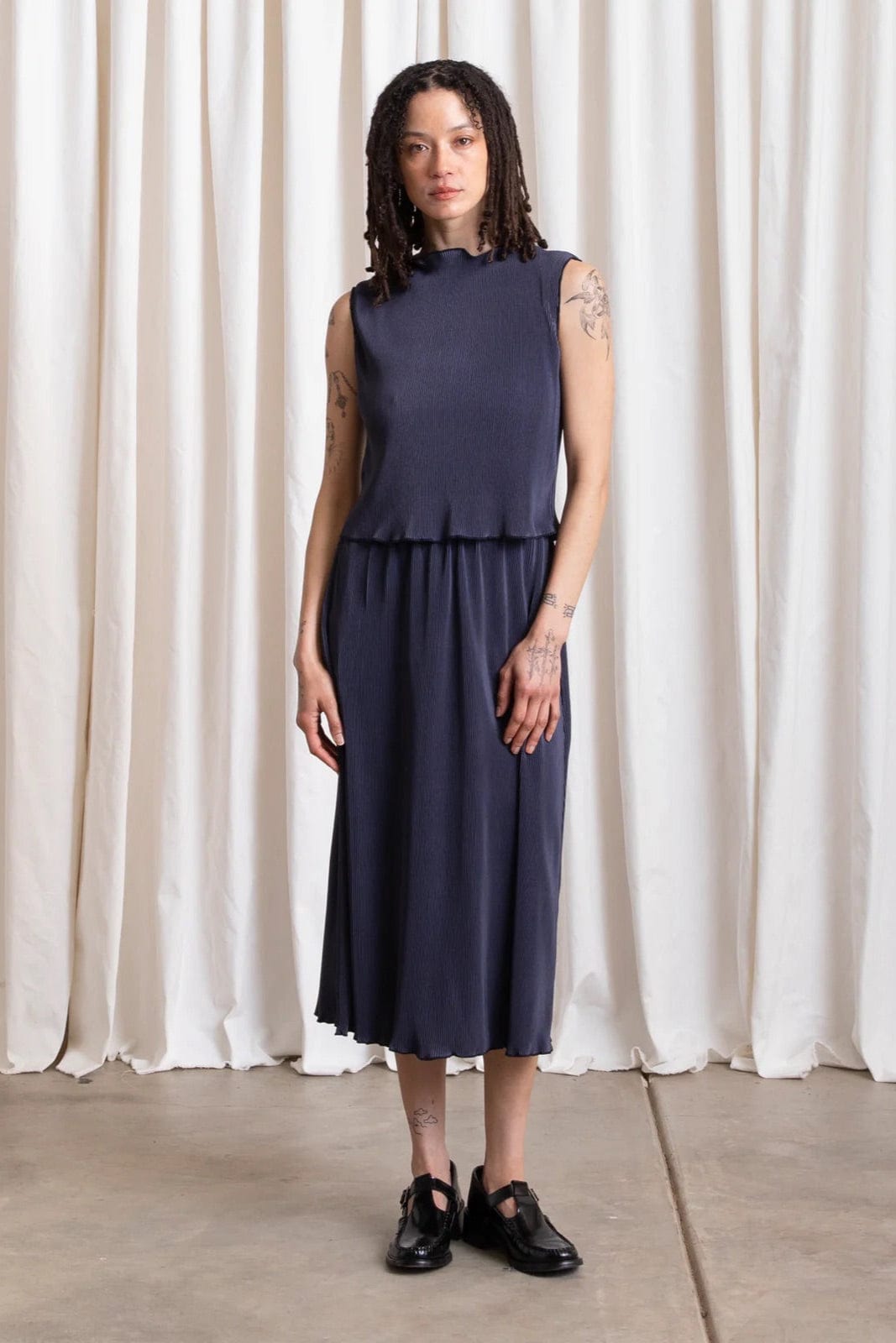 Pleated Midi Skirt - Navy