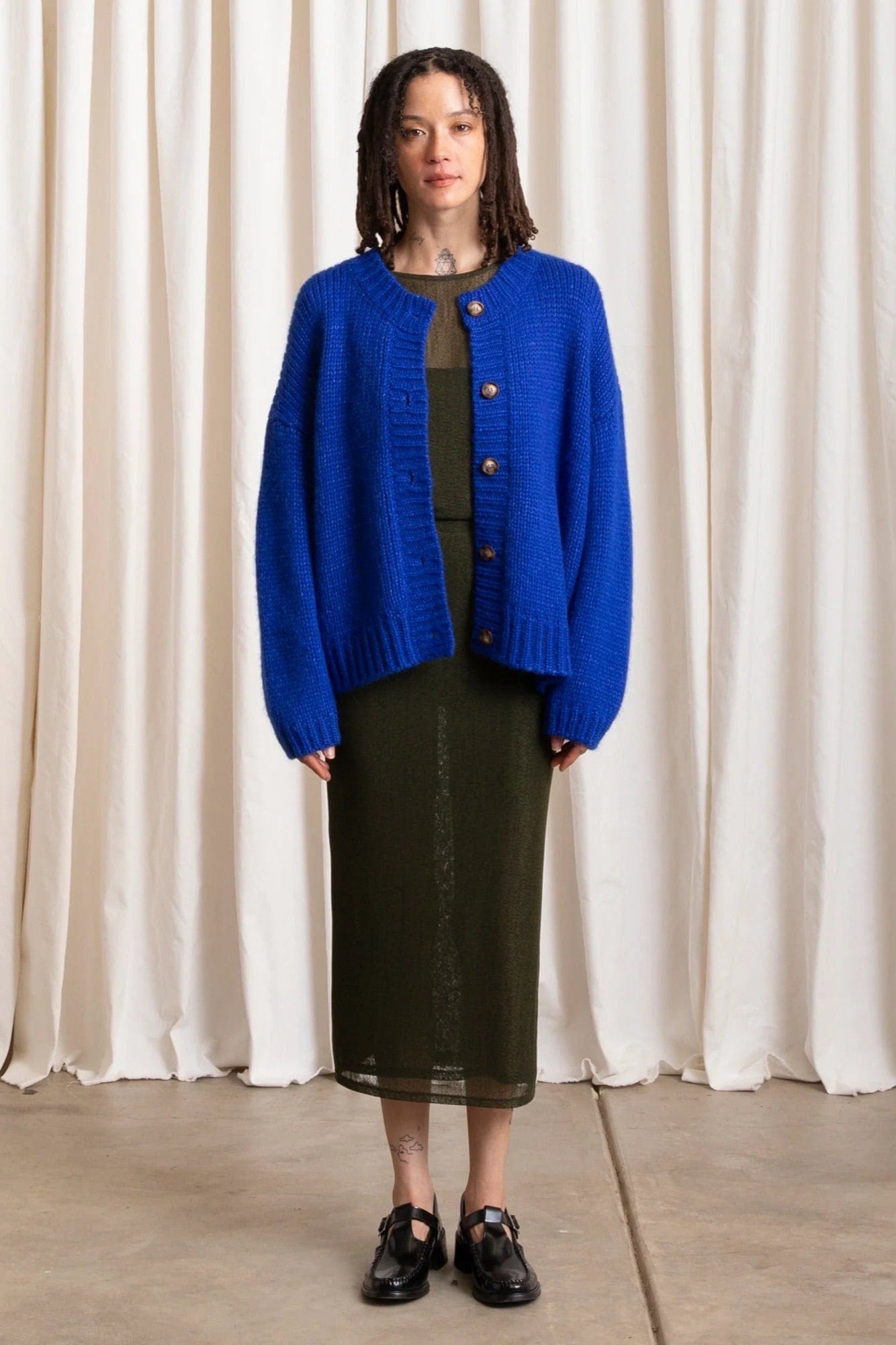 Merino Crew Neck Cardigan - Cobalt