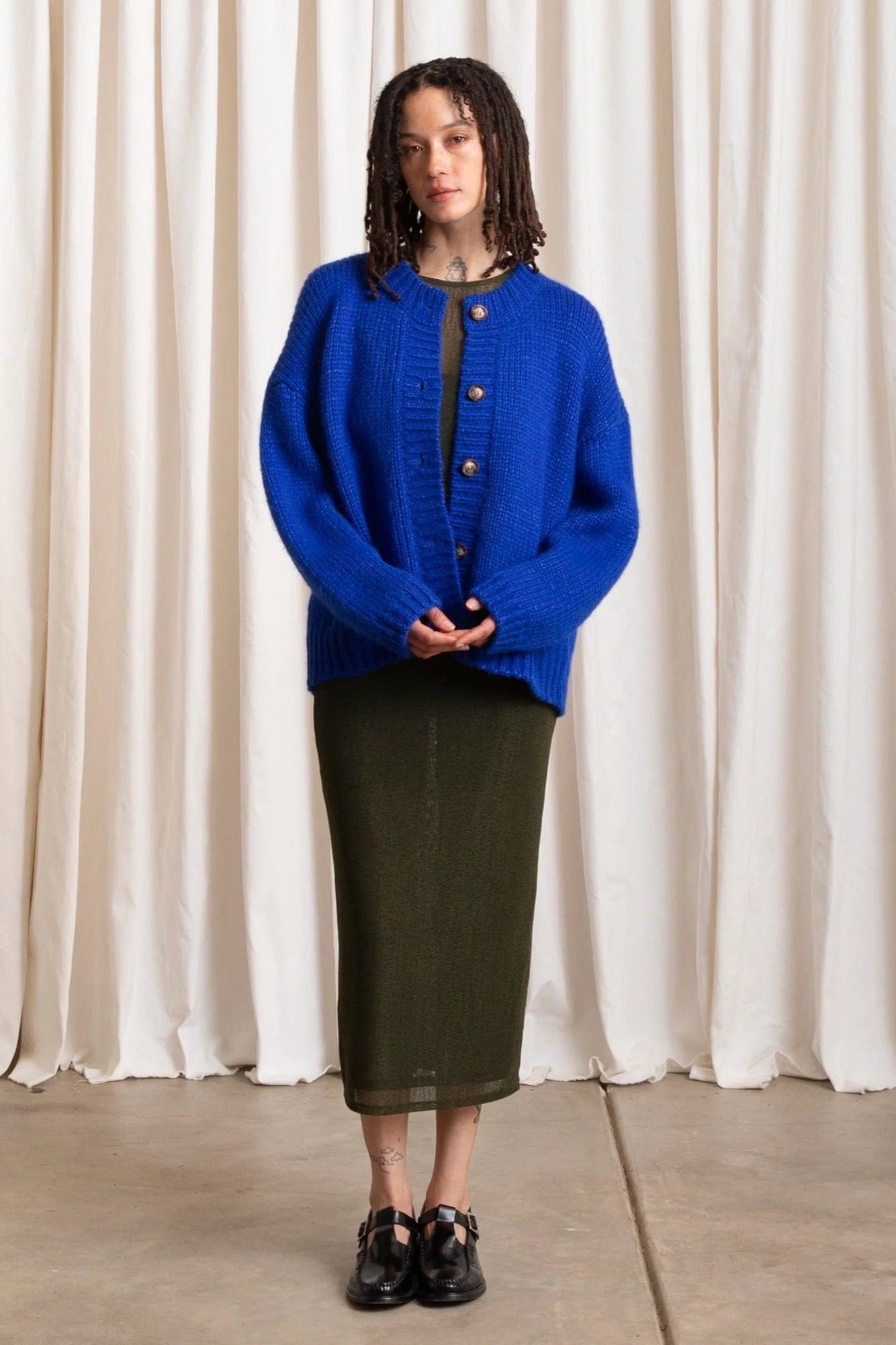 Merino Crew Neck Cardigan - Cobalt