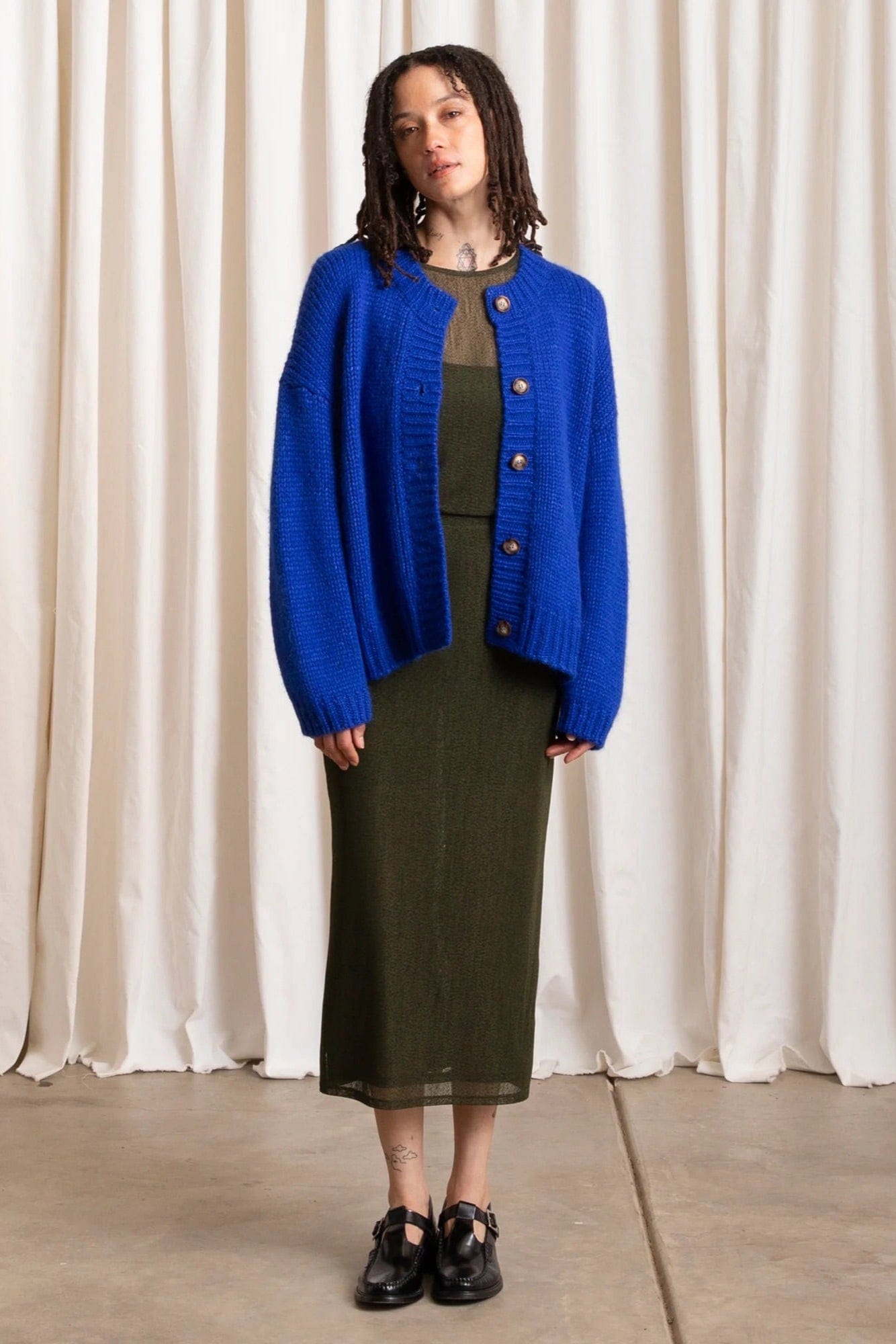 Merino Crew Neck Cardigan - Cobalt