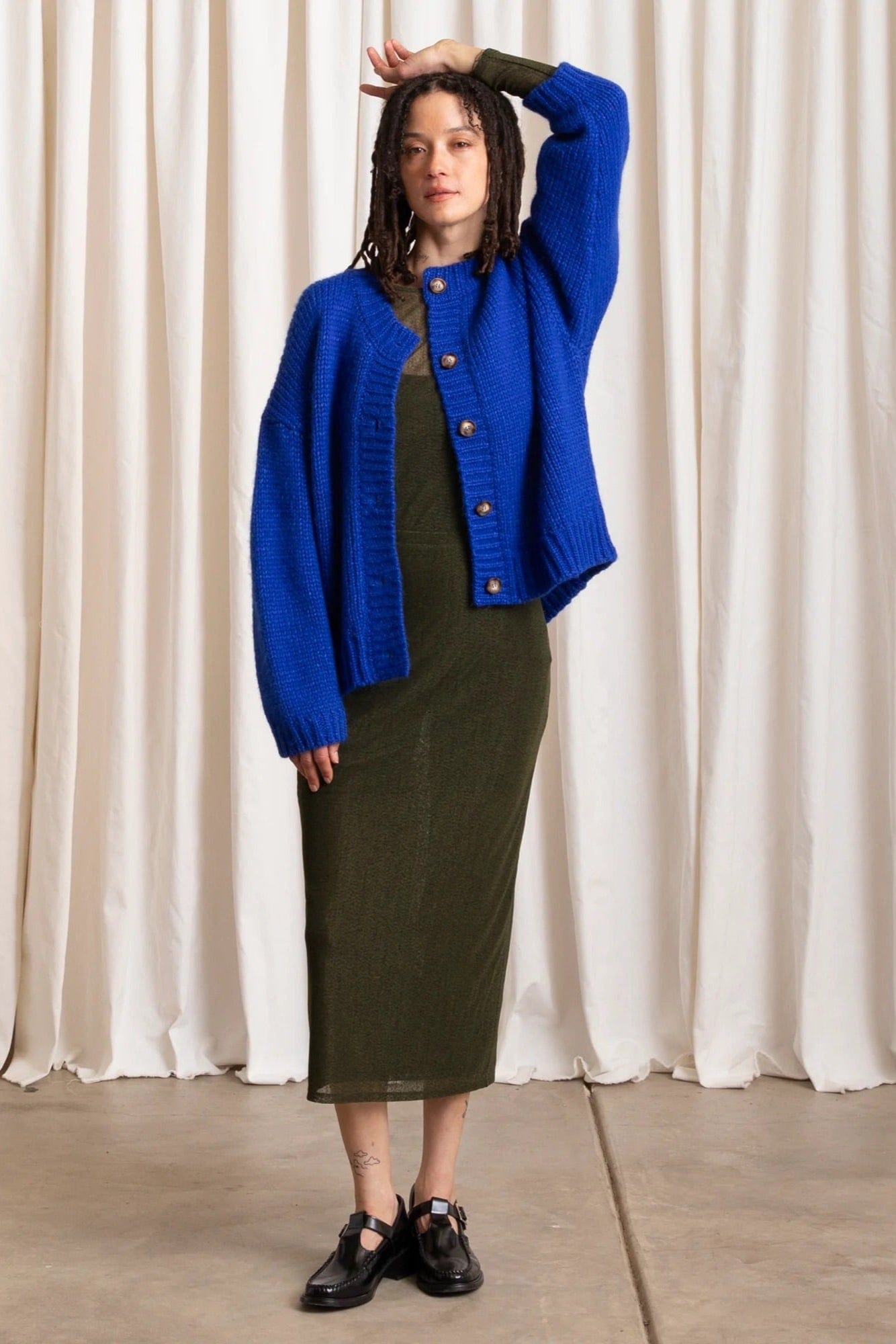 Merino Crew Neck Cardigan - Cobalt