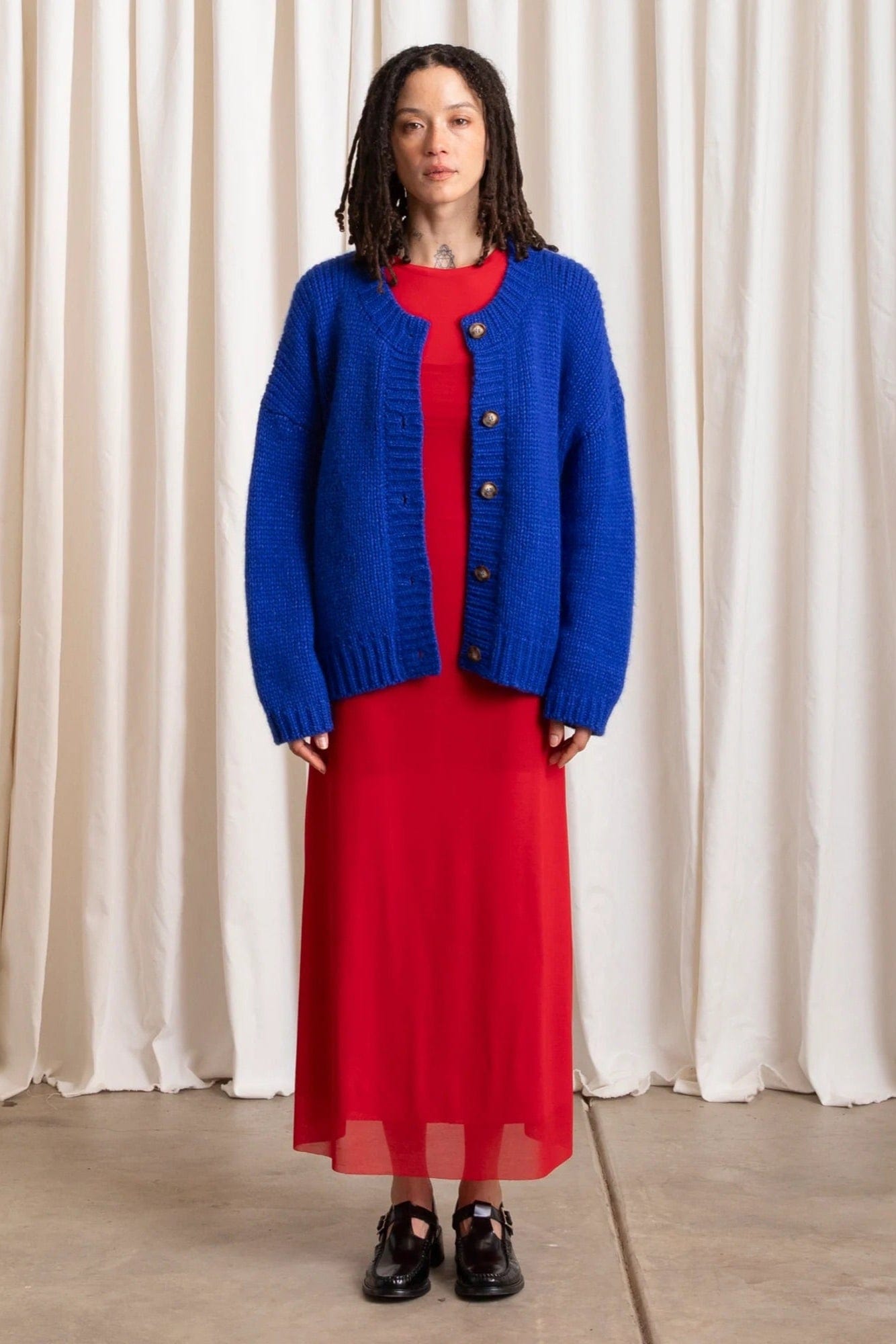 Merino Crew Neck Cardigan - Cobalt