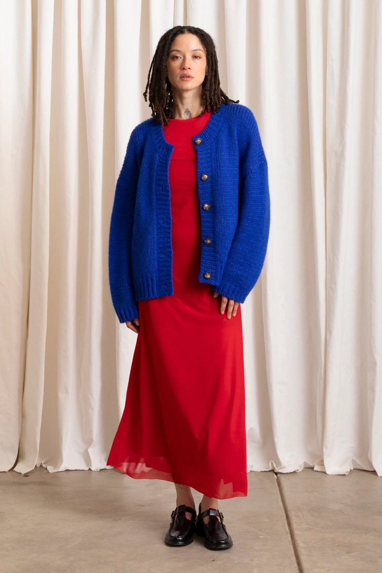 Merino Crew Neck Cardigan - Cobalt