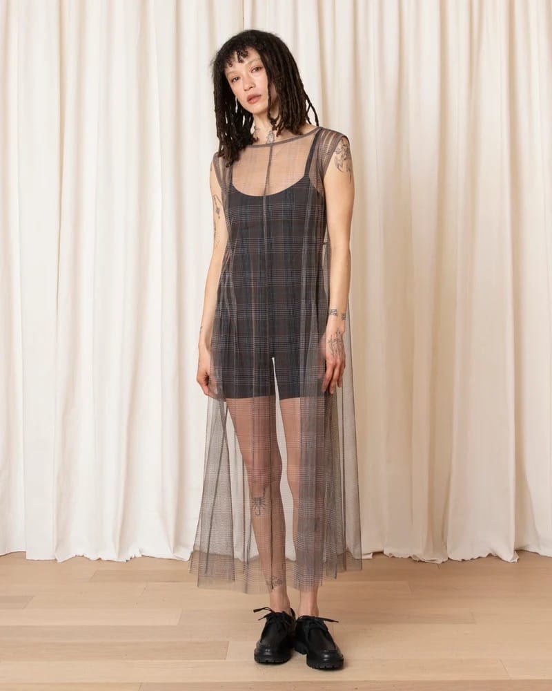 Pleated Mesh Dress - Neutral Plaid