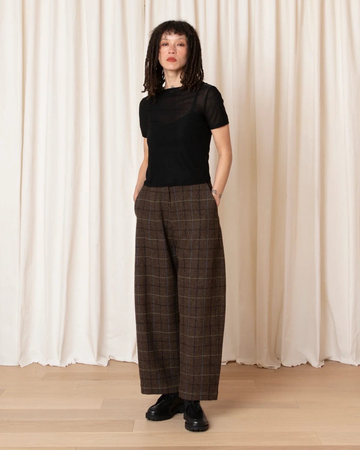 Wool Loose Barrel Pant - Taupe Plaid