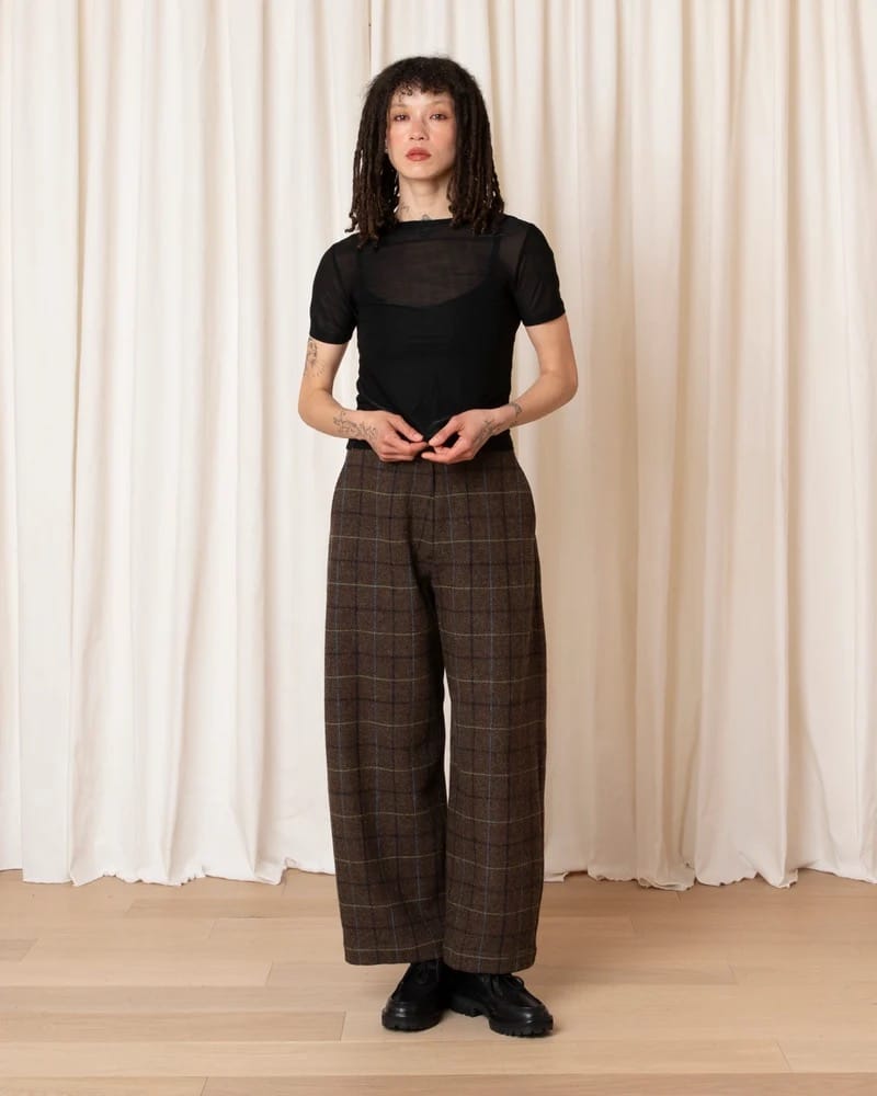 Wool Loose Barrel Pant - Taupe Plaid