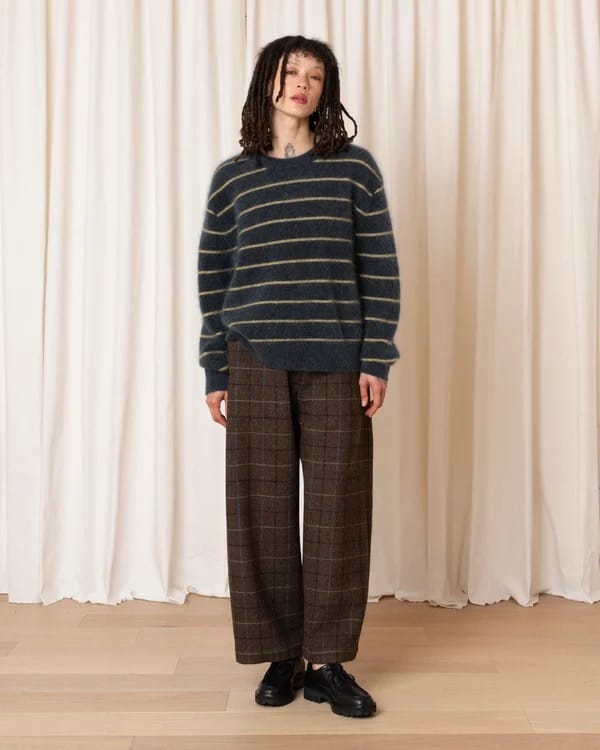Wool Loose Barrel Pant - Taupe Plaid