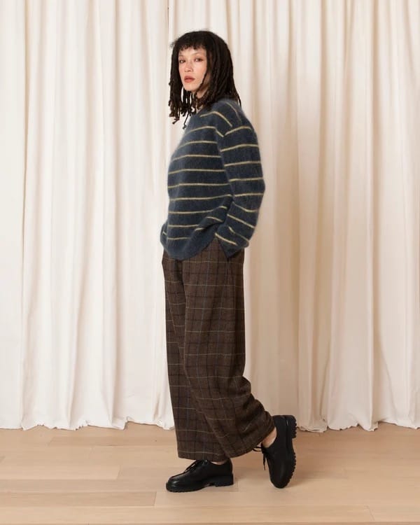 Wool Loose Barrel Pant - Taupe Plaid