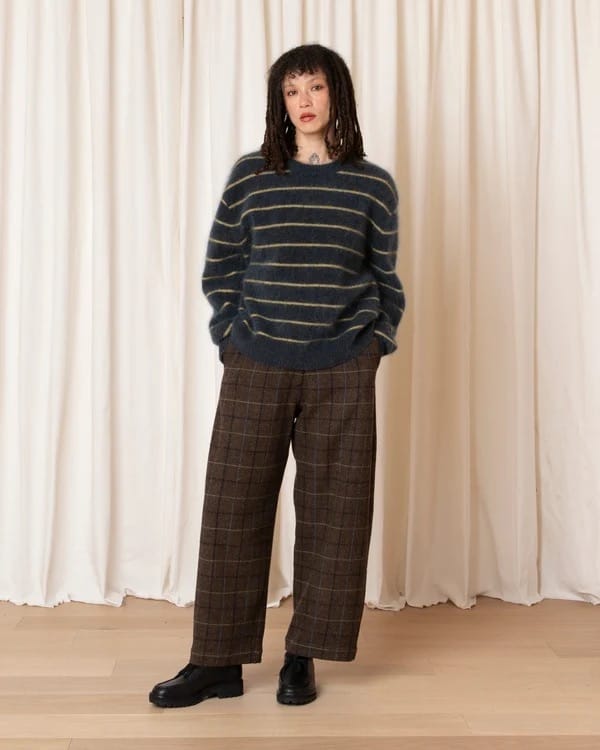 Wool Loose Barrel Pant - Taupe Plaid