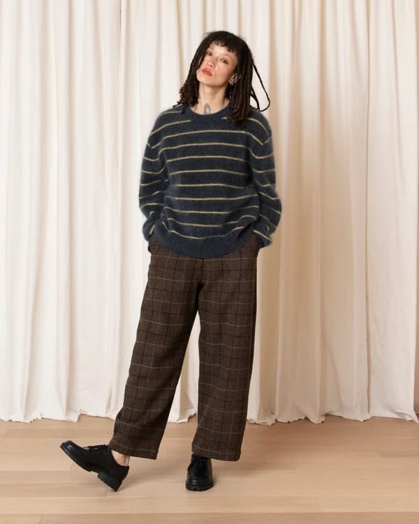 Wool Loose Barrel Pant - Taupe Plaid