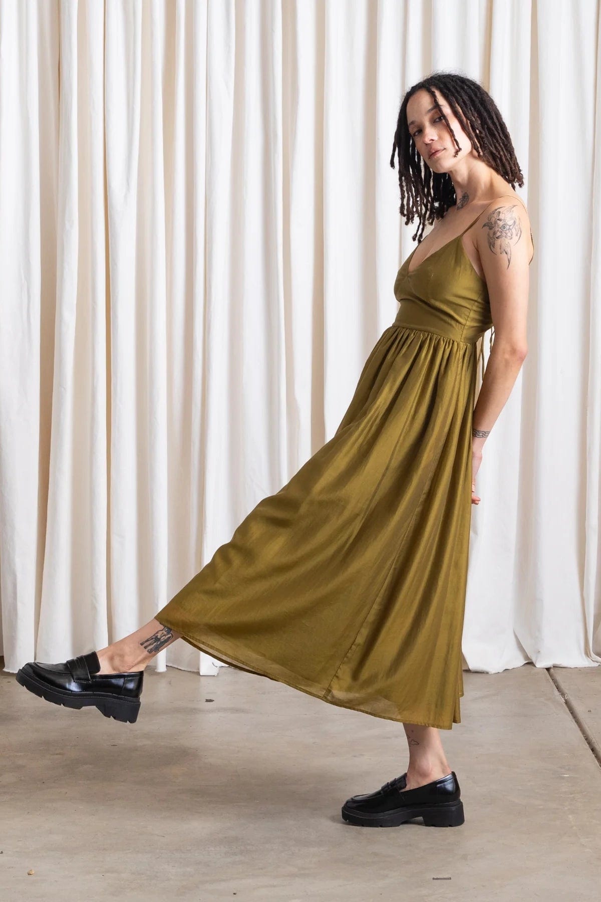 Tie Back Midi Dress - Bright Olive