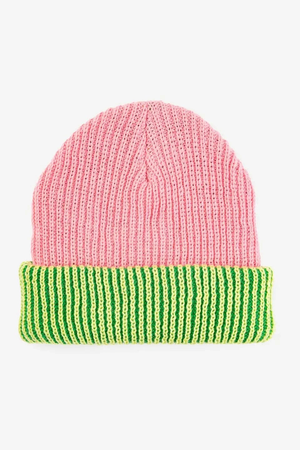 Stripe Cuff Plush Beanie - Pink Lime