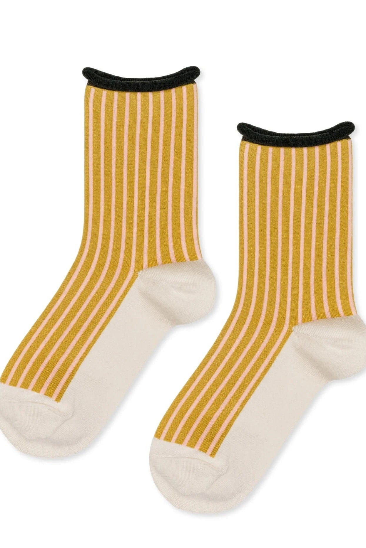 Pair of yellow and white striped socks with black accents on a white background
