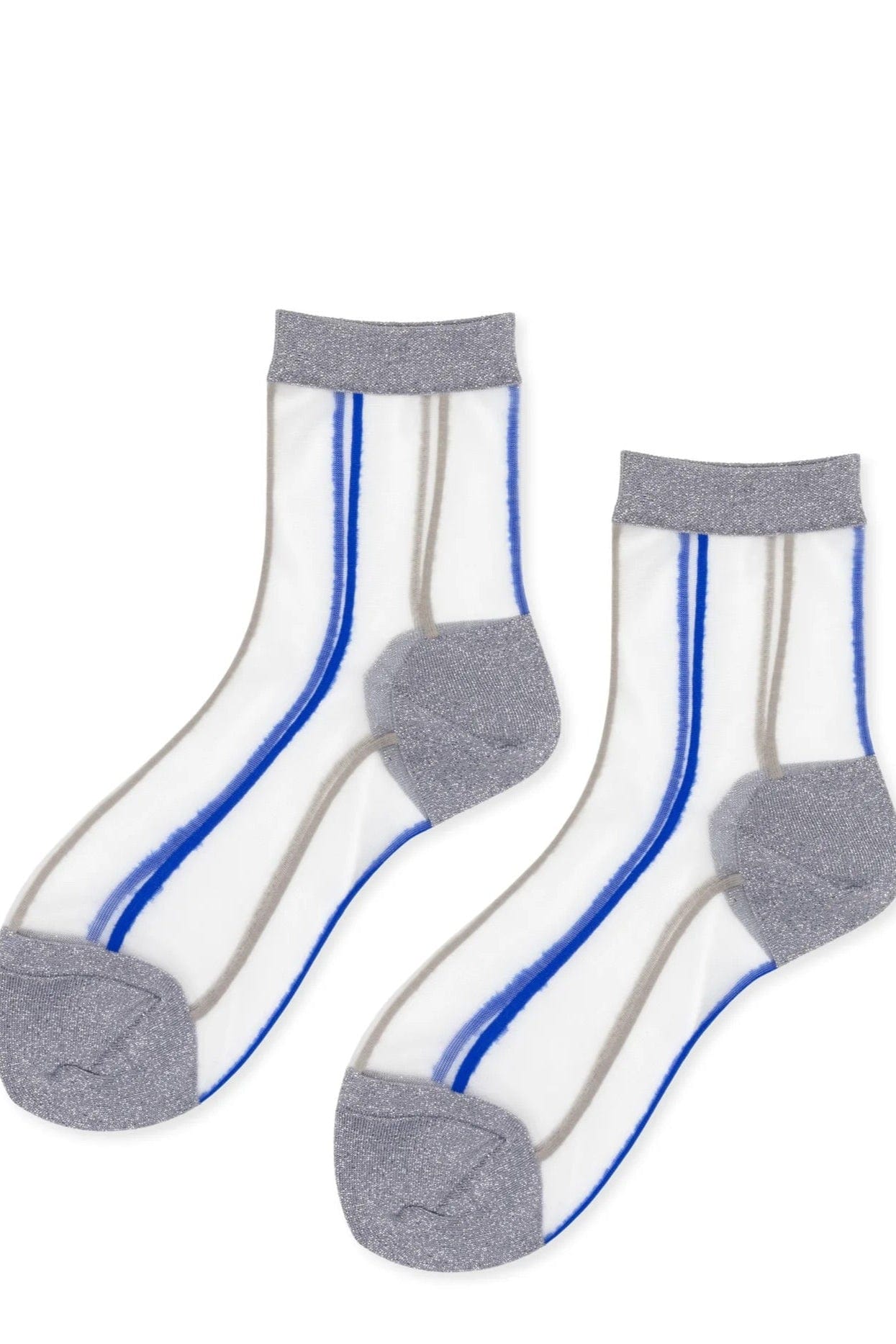 Two socks with blue stripes and gray toes and cuffs on a white background