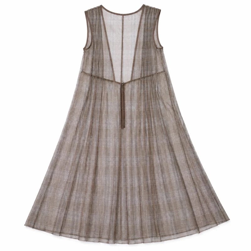 Pleated Mesh Dress - Neutral Plaid
