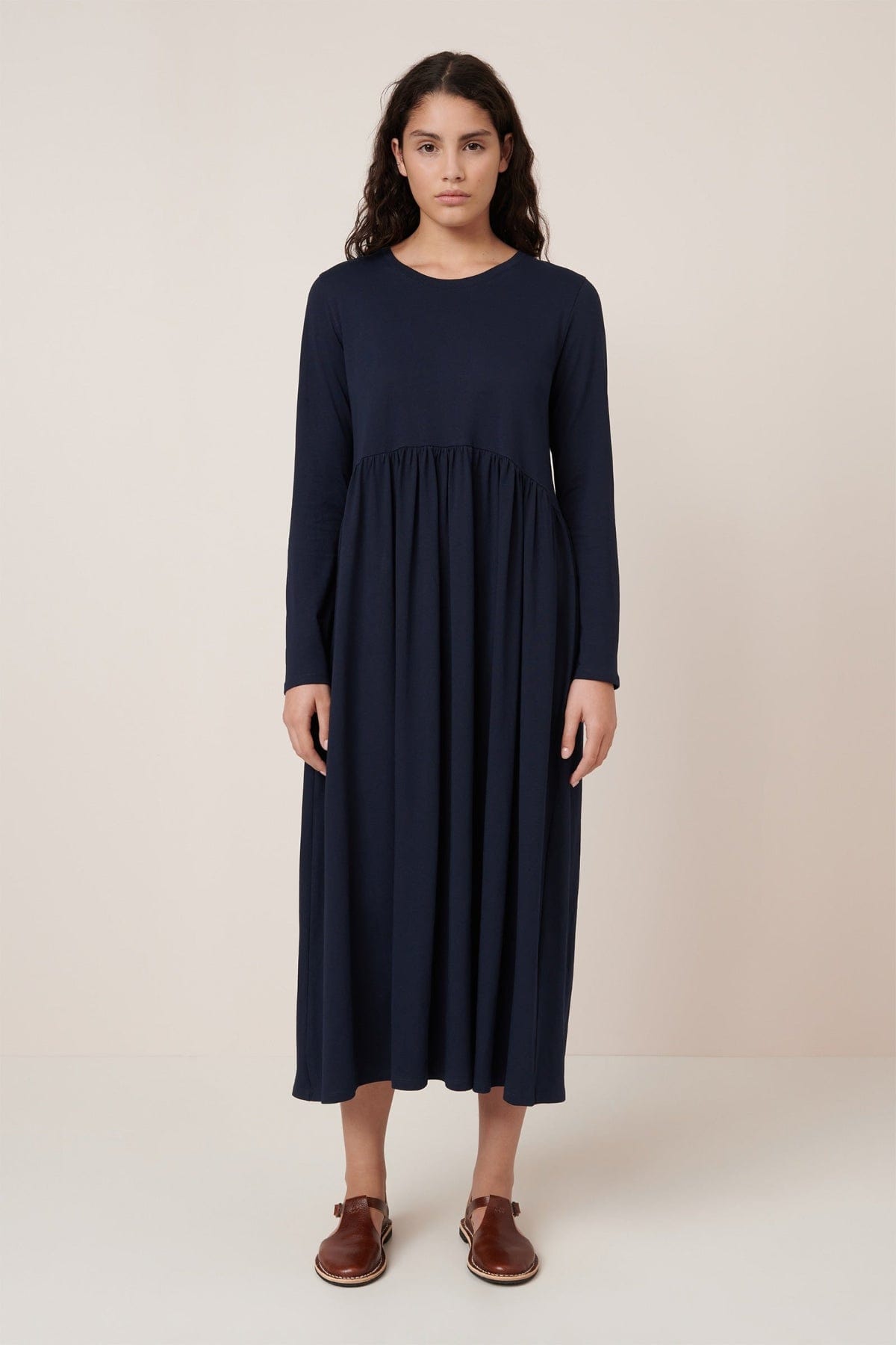 Long Sleeve Gather Dress - Navy
