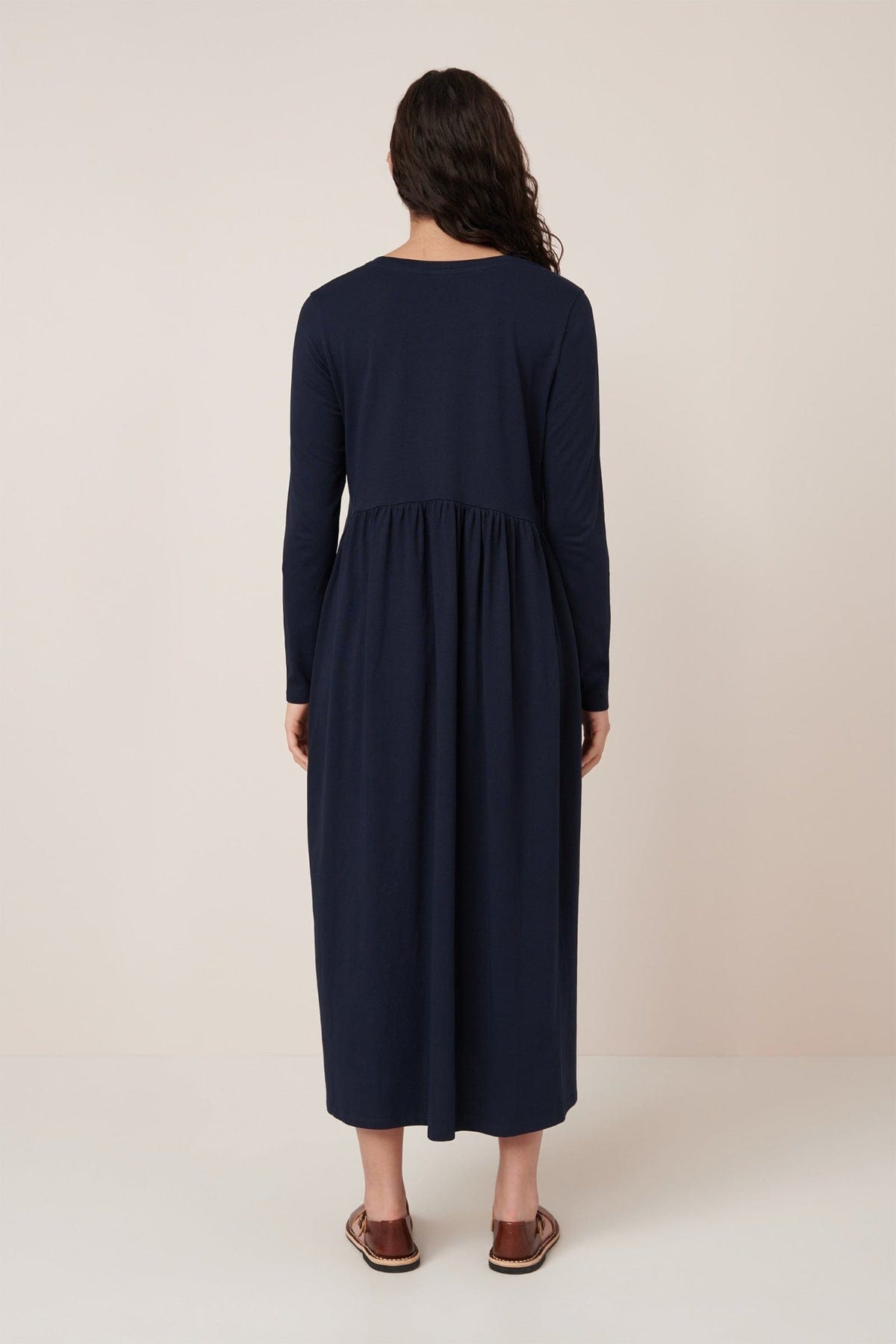 Long Sleeve Gather Dress - Navy