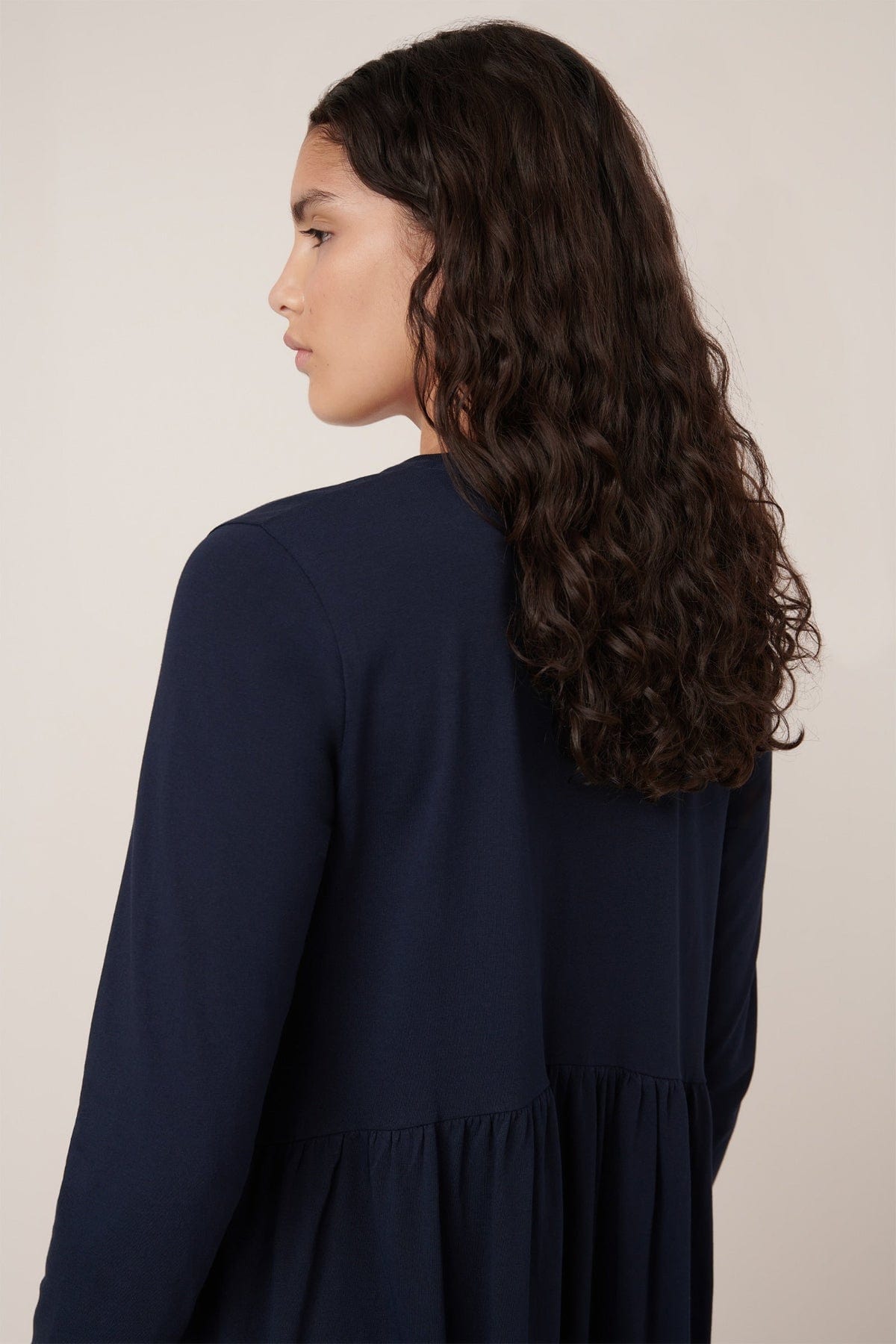 Long Sleeve Gather Dress - Navy
