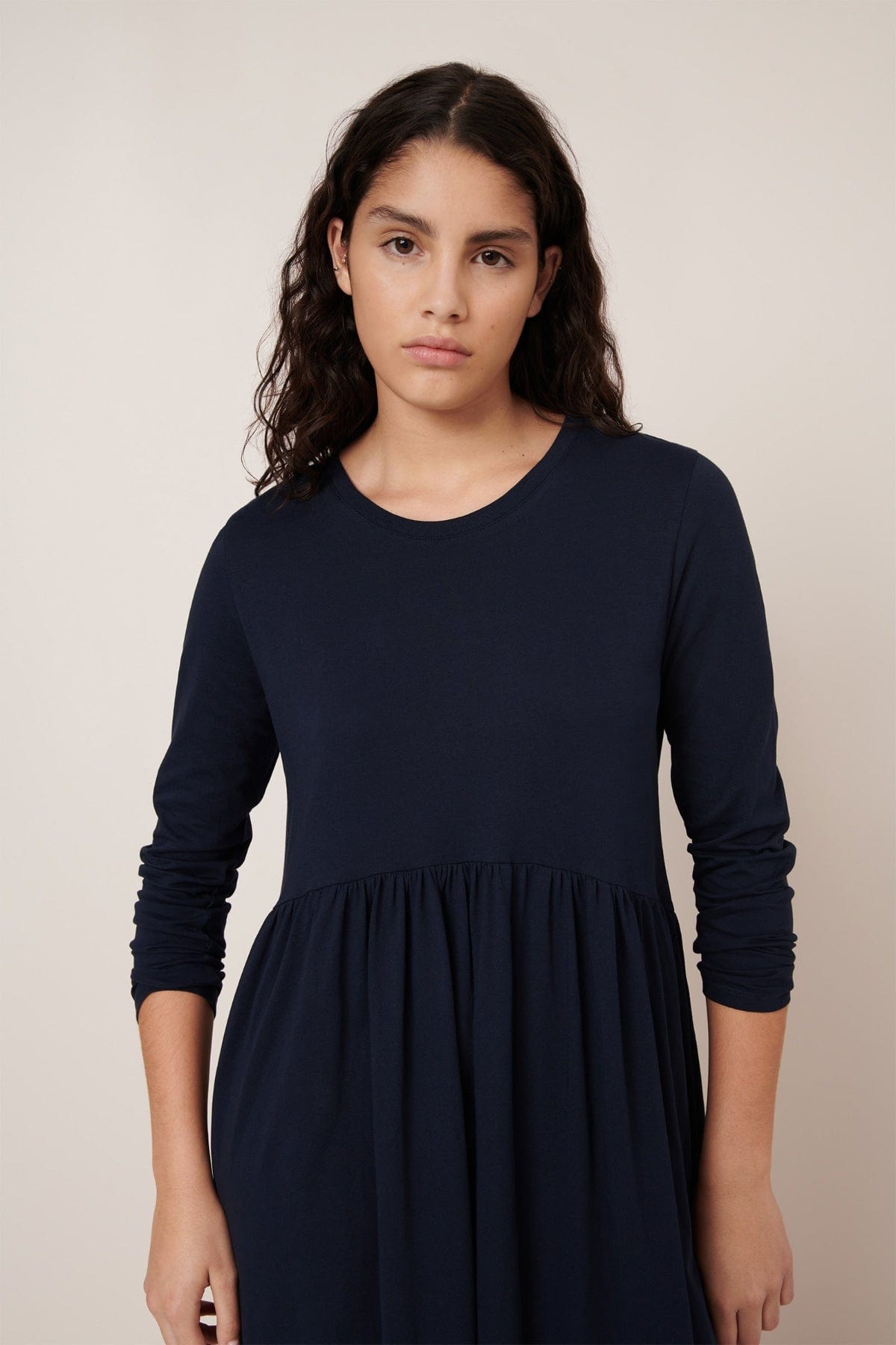 Long Sleeve Gather Dress - Navy