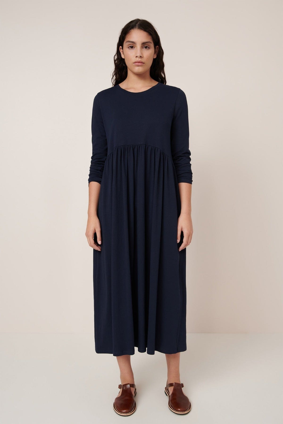 Long Sleeve Gather Dress - Navy