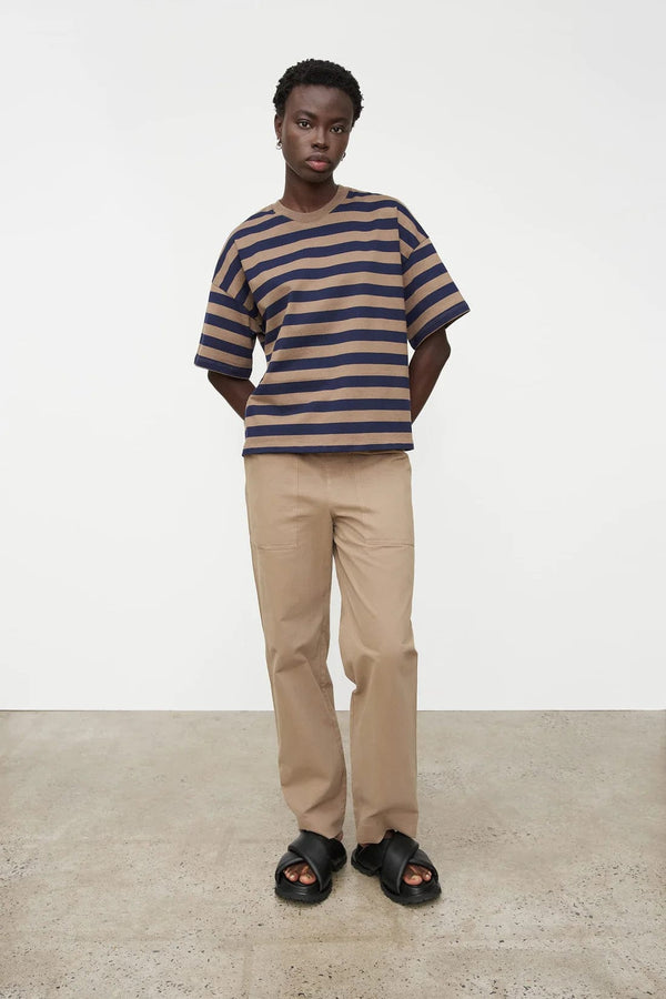 Oversized Boxy Tee - Navy Taupe Stripe