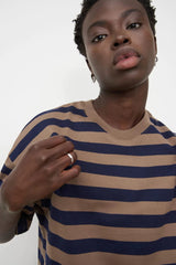 Oversized Boxy Tee - Navy Taupe Stripe