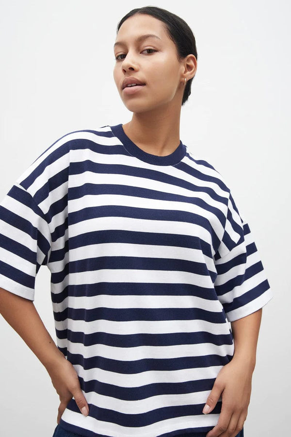 Oversized Boxy Tee - Navy White Stripe