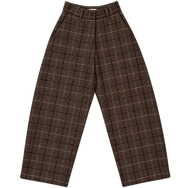 Wool Loose Barrel Pant - Taupe Plaid